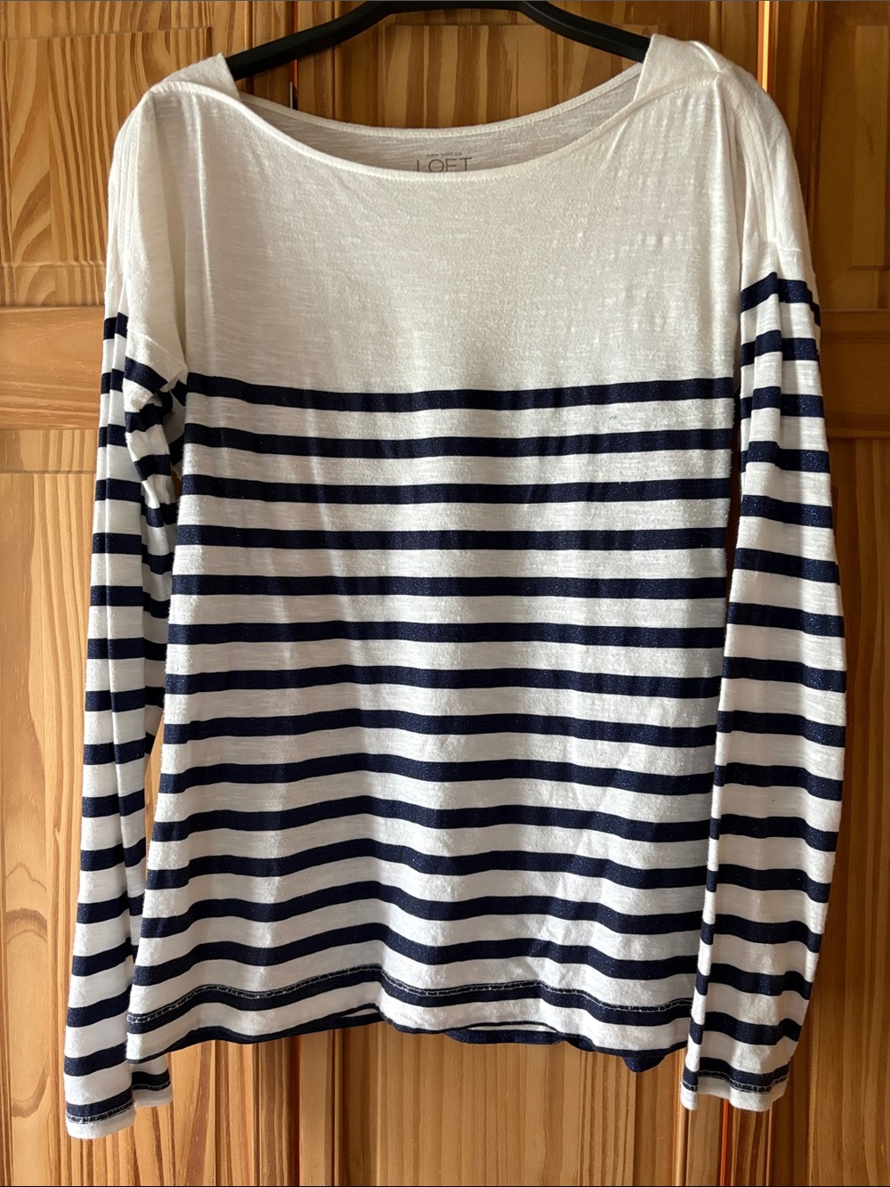 LOFT White and Navy Striped Boatneck Top